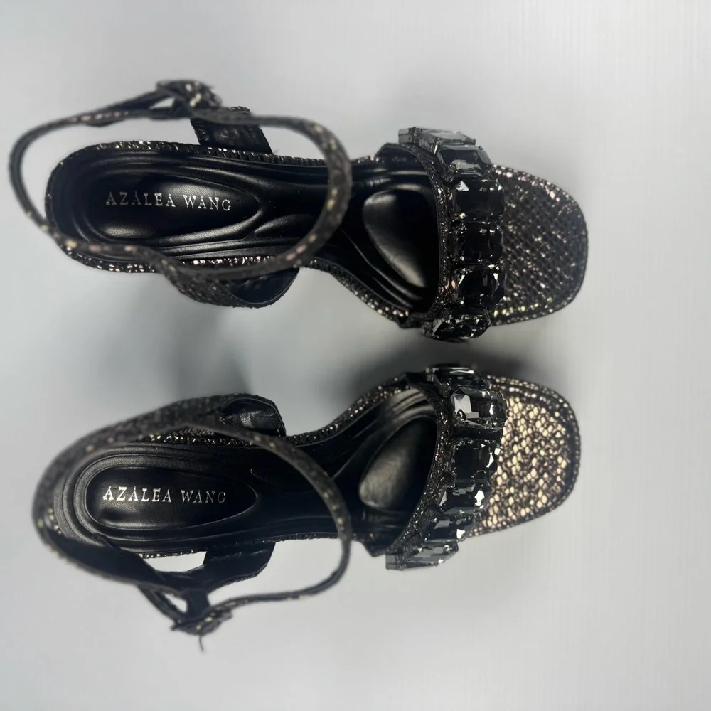 Azalea Wang Kamilla Platform Heels Black Crystal Chunky Heel Size 6-9 NIB